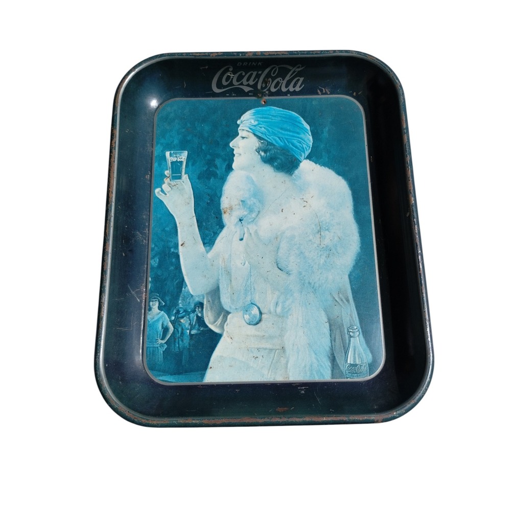Vintage Coca-Cola Metal Serving Tray 1920s Flapper Girl Blue Turban Rust